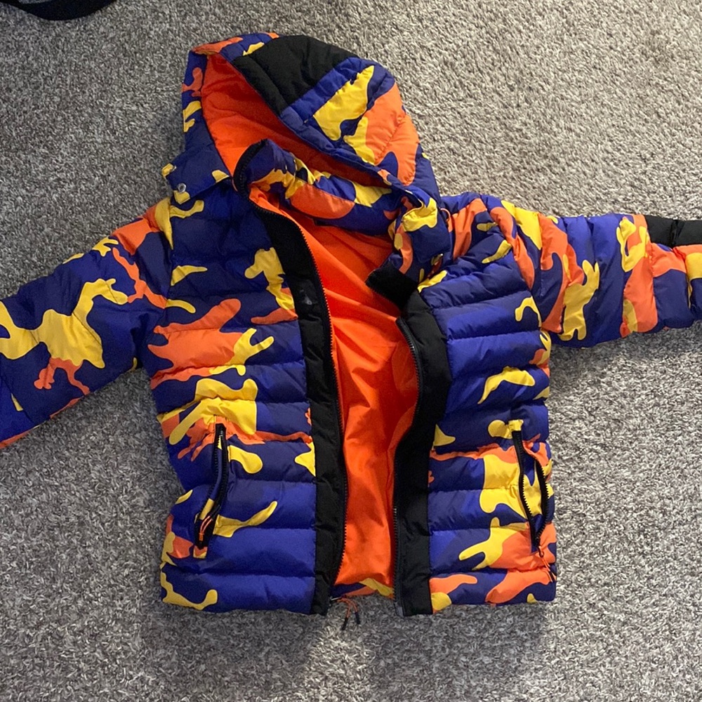 orange, yellow , purple camo coat